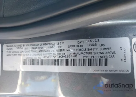 2012 Volkswagen Beetle Entry z USA, uszkodzony, nr VIN 3VWFP7AT3CM615440